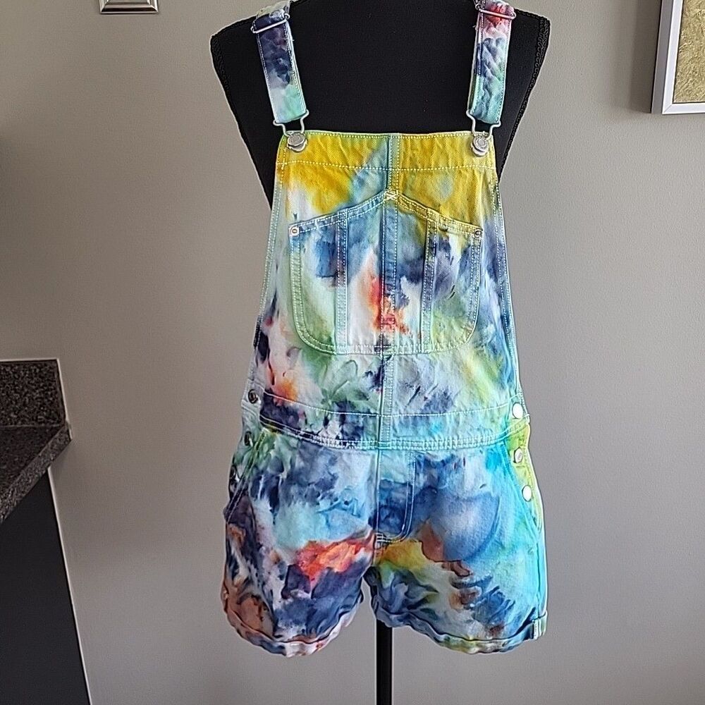 Hand Tie-Dyed Old Navy Overalls Shorts S Watercolor Splash Boho Festival OOAK